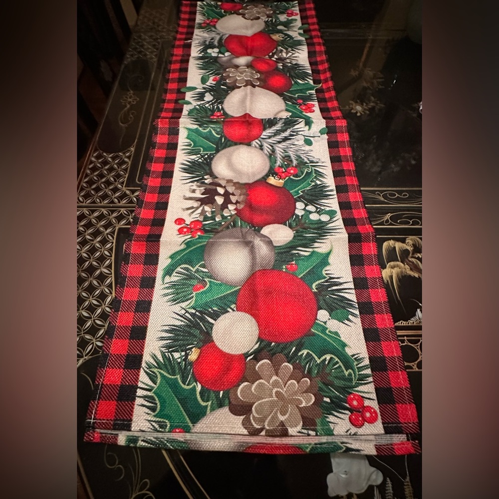 Red Black Buffalo Plaid Holly Pine Cones Christmas Balls Table runner 13x72